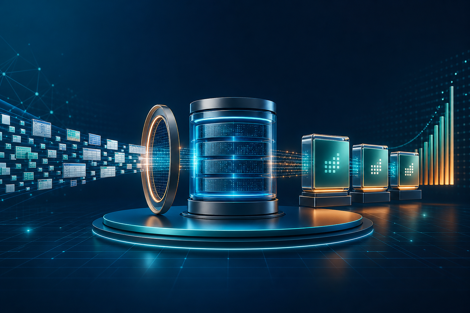 Dataset records moving through quality review into marketplace-ready data products